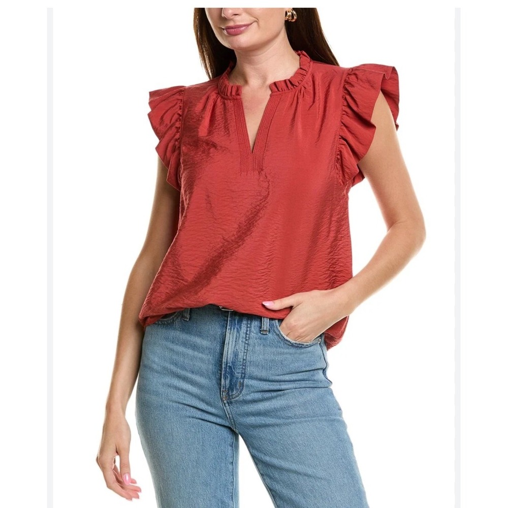 ANNE KLEIN Spiced Berry Textured Ruffle Neck V-Neck Flutter Sleeve Top 3X‎ NWT
